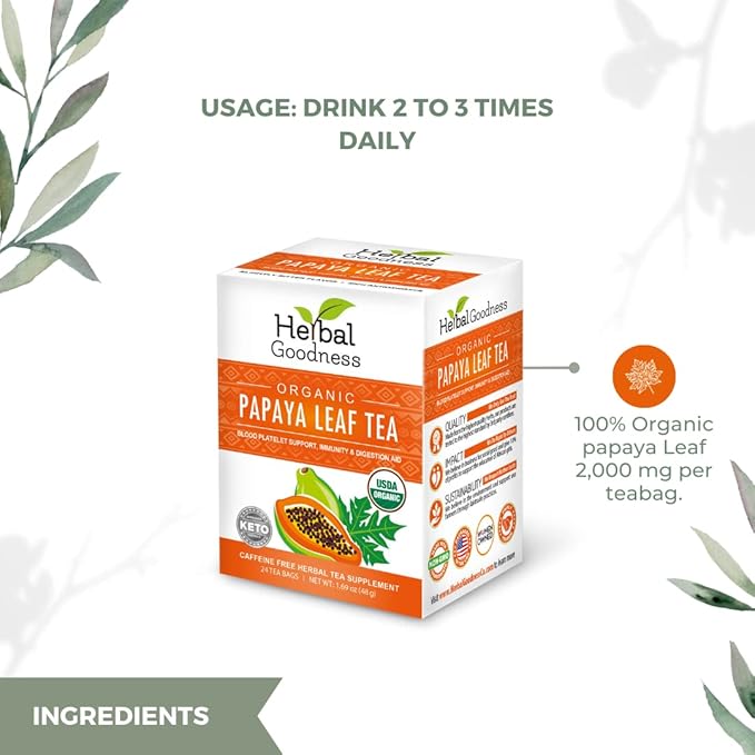 Organic Papaya Leaf Extract Tea For Platelets 24bags - Papaya Enzymes Natural Blood Platelet Tea - For Immune Gut & Digestive Health - Made in the USA