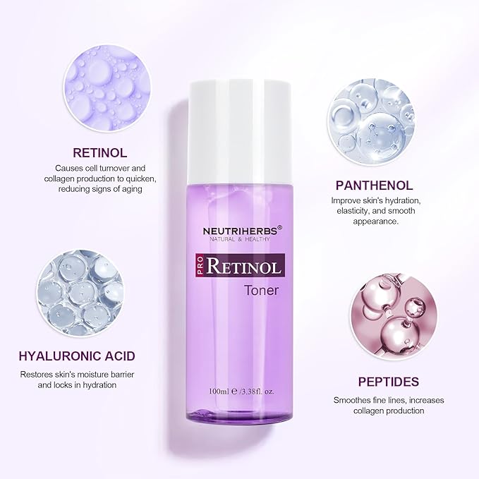 NEUTRIHERBS PRO Retinol Toner for Anti-Aging & Reducing Fine Lines and Wrinkles, with Panthenol, Peptides, and Hyaluronic Acid, Alcohol Free โ 3.38 fl. Oz.