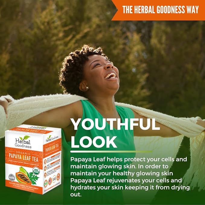 Organic Papaya Leaf Extract Tea For Platelets 24bags - Papaya Enzymes Natural Blood Platelet Tea - For Immune Gut & Digestive Health - Made in the USA
