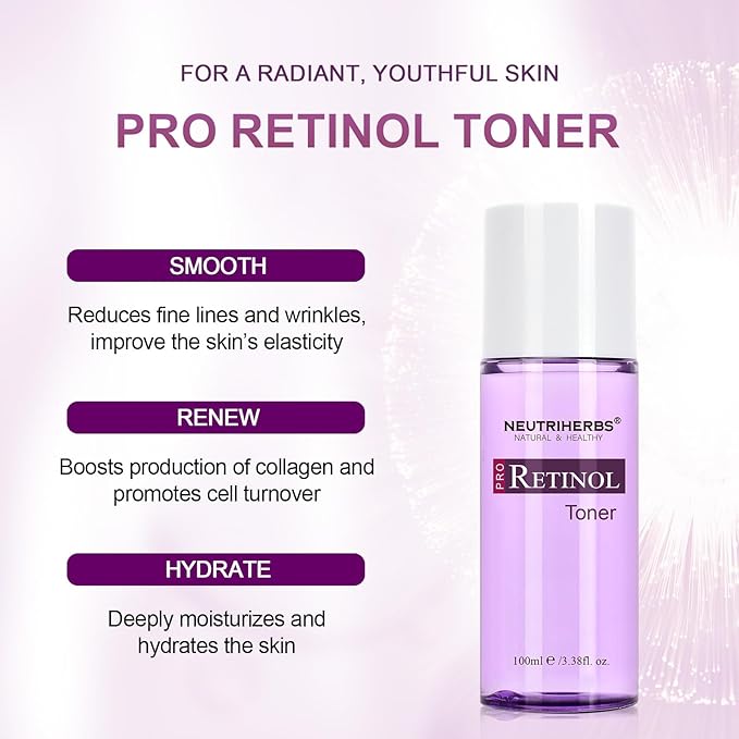 NEUTRIHERBS PRO Retinol Toner for Anti-Aging & Reducing Fine Lines and Wrinkles, with Panthenol, Peptides, and Hyaluronic Acid, Alcohol Free โ 3.38 fl. Oz.