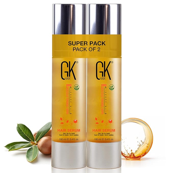 GK HAIR Global Keratin 100% Organic Argan Oil Anti Frizz Hair Serum Pack of 2 (3.4 Fl Oz/100ml) Styling Smoothing Strengthening Hydrating & Nourishing Heat Protection Shine For Frizzy Dry Damaged Hair