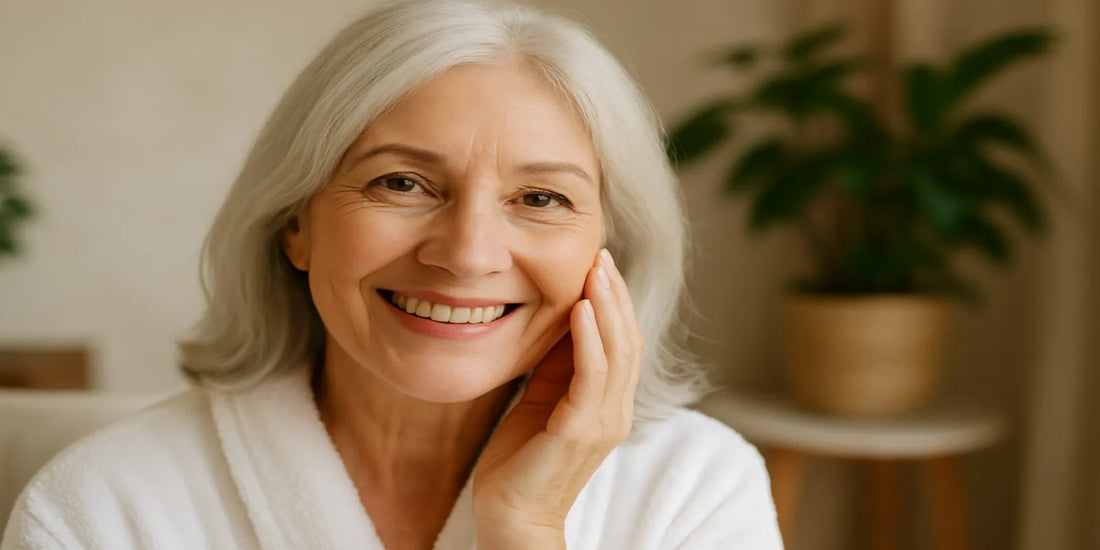 A smiling senior woman with silver hair gently touches her cheek, wearing a white robe in a softly lit room with green plants.