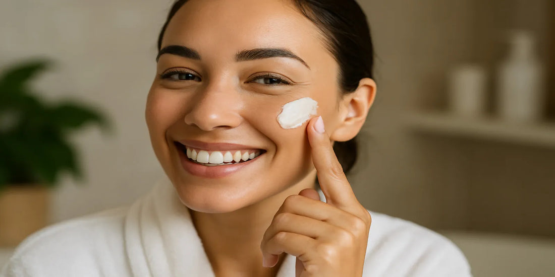 Smiling woman in a white bathrobe applying skincare cream to her cheek, showing healthy glowing skin in a bright bathroom.