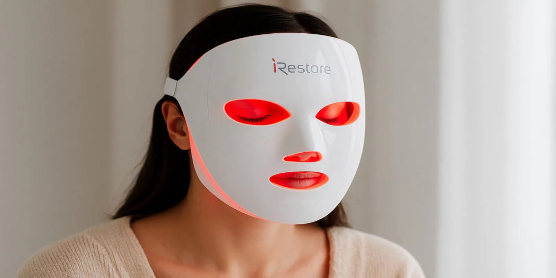 A person wears the iRestore LED face mask glowing red with 360 light therapy LEDs, shown in a close-up against a neutral background.