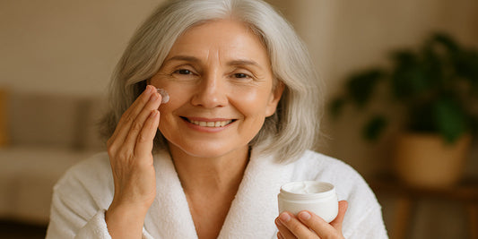 A smiling senior woman with silver hair applies face cream while holding a jar, dressed in a white robe in a softly lit room.
