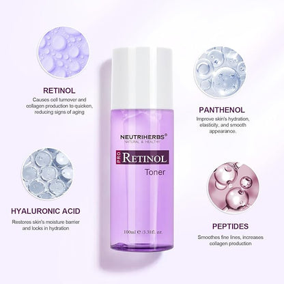 NEUTRIHERBS PRO Retinol Toner for Anti-Aging & Reducing Fine Lines and Wrinkles, with Panthenol, Peptides, and Hyaluronic Acid, Alcohol Free – 3.38 fl. Oz.