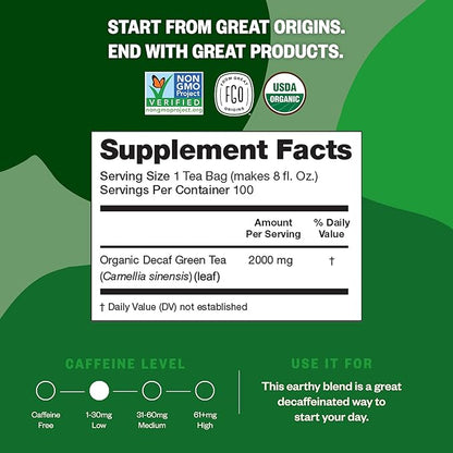 FGO Organic Green Decaf Tea, 100 Count, Eco-Conscious Tea Bags, Resealable Bag, Caffeine Free, Packaging May Vary (Pack of 1)