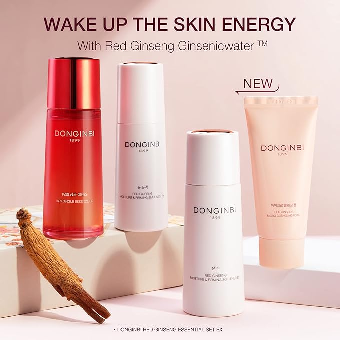 Donginbi Red Ginseng Essential Skin Care Set - Firming & Skin Barrier Repair Moisturizer, Hydrating Toner, Korean Red Ginseng Essence, Pore Cleaner, Korean Skin Care Gifts for Women