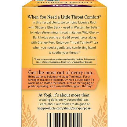 Yogi Tea - Throat Comfort (6 Pack) - Soothes the Throat with Wild Cherry Bark, Licorice Root, Mullein, and Ginger - Caffeine Free - 96 Organic Herbal Tea Bags