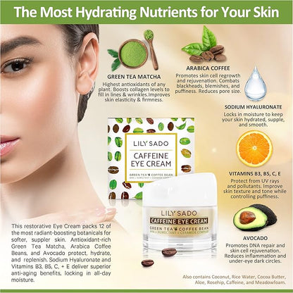 LILY SADO TEA+C™ Coffee & Matcha Caffeine EYE CREAM - Anti-aging Vegan Natural Eye Repair Moisturizer Lotion w Arabica Coffee Beans + Green Tea - Prevents Undereye Wrinkles, Puffiness, Dark Circles