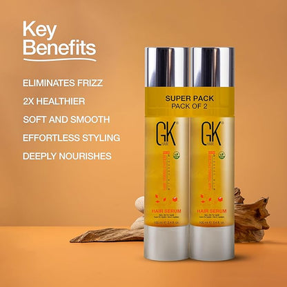 GK HAIR Global Keratin 100% Organic Argan Oil Anti Frizz Hair Serum Pack of 2 (3.4 Fl Oz/100ml) Styling Smoothing Strengthening Hydrating & Nourishing Heat Protection Shine For Frizzy Dry Damaged Hair
