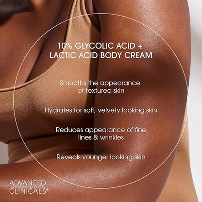 Advanced Clinicals 10% Glycolic Acid + Lactic Acid Lotion Exfoliant Moisturizing Cream With Hyaluronic Acid Moisturizer | AHA Exfoliating Body Cream Improves Look Of Uneven Rough Skin Texture, 2-Pack